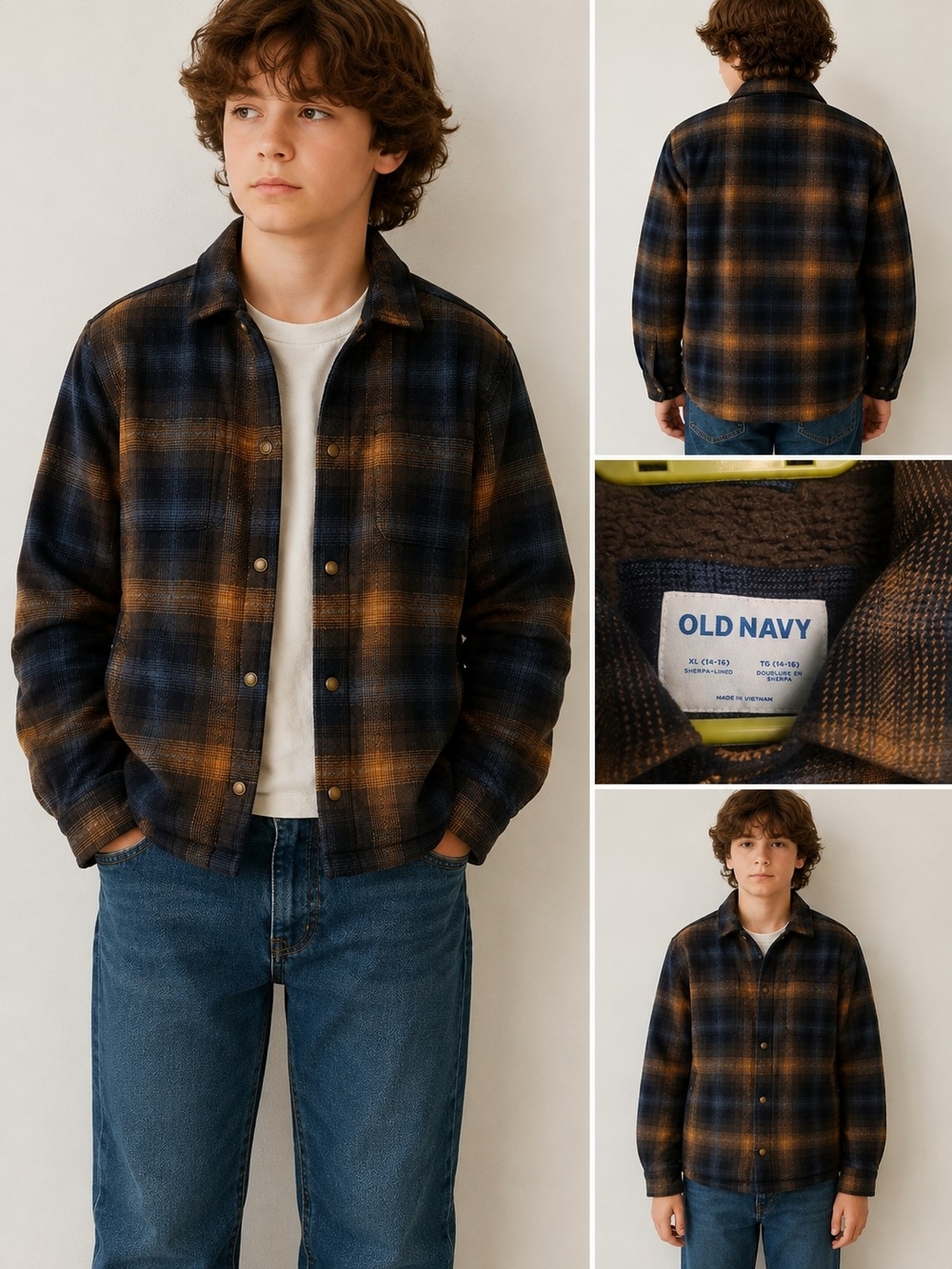 Old Navy Brown and Navy Plaid Sherpa-Lined Shirt Jacket Youth XL 14-16